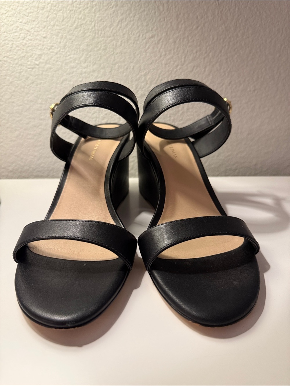 Stuart Weitzman Black Avenue 75 Leather Wedge Sandal 7.5 - Picture 3 of 12